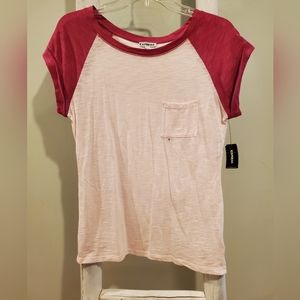 Express raglan t-shirt with a light pink body and red sleeves. Small